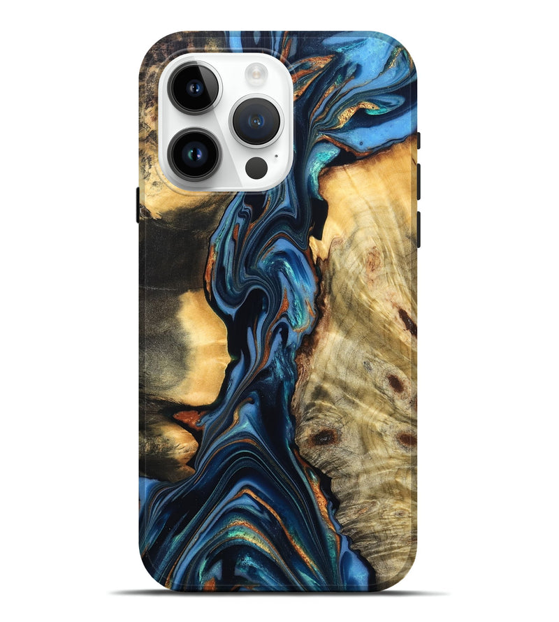 iPhone 15 Pro Max Wood Live Edge Phone Case - Aydin (Teal & Gold, 822755)