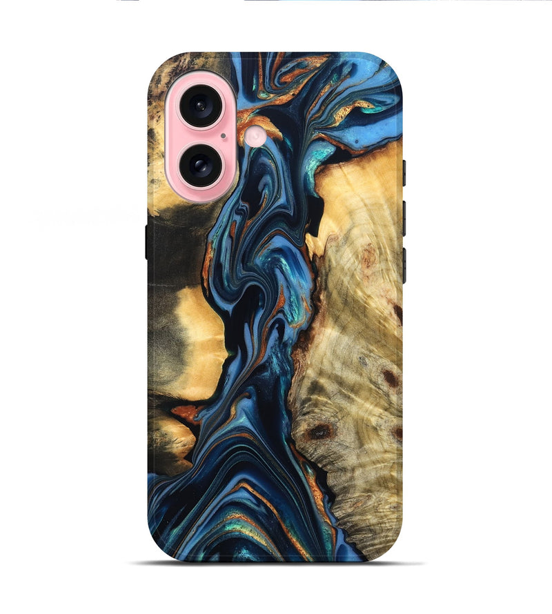 iPhone 16 Wood Live Edge Phone Case - Aydin (Teal & Gold, 822755)