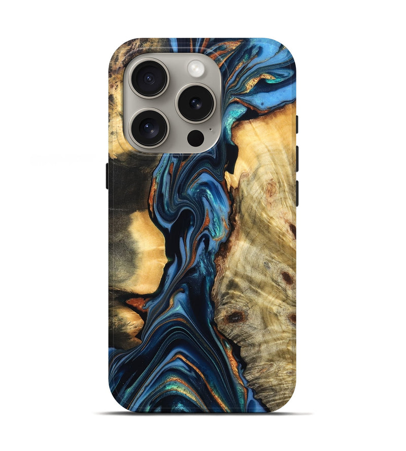 iPhone 16 Pro Wood Live Edge Phone Case - Aydin (Teal & Gold, 822755)