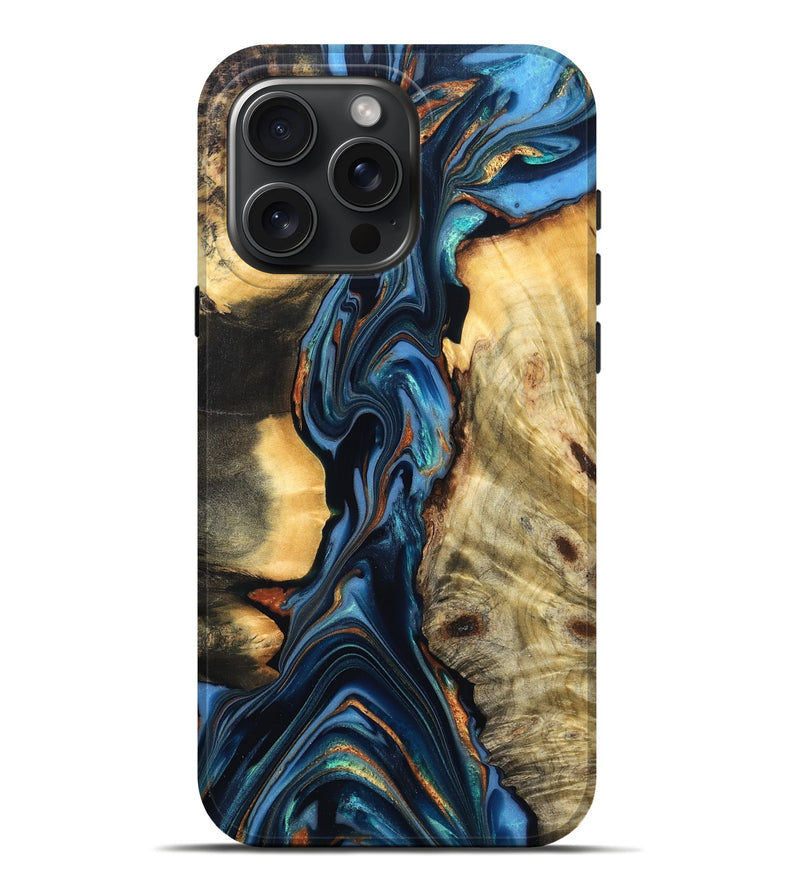 iPhone 16 Pro Max Wood Live Edge Phone Case - Aydin (Teal & Gold, 822755)