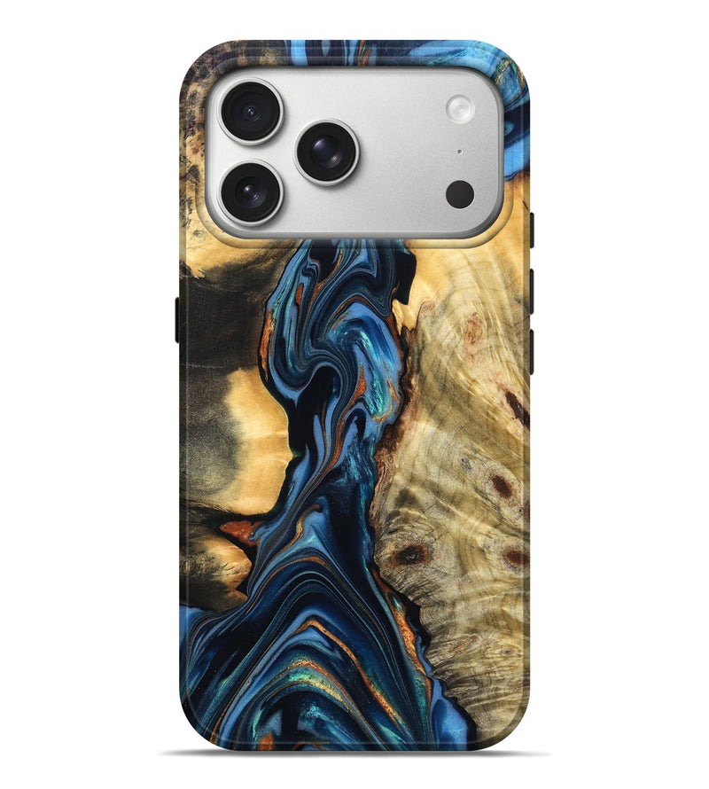 iPhone 17 Pro Max Wood Live Edge Phone Case - Aydin (Teal & Gold, 822755)