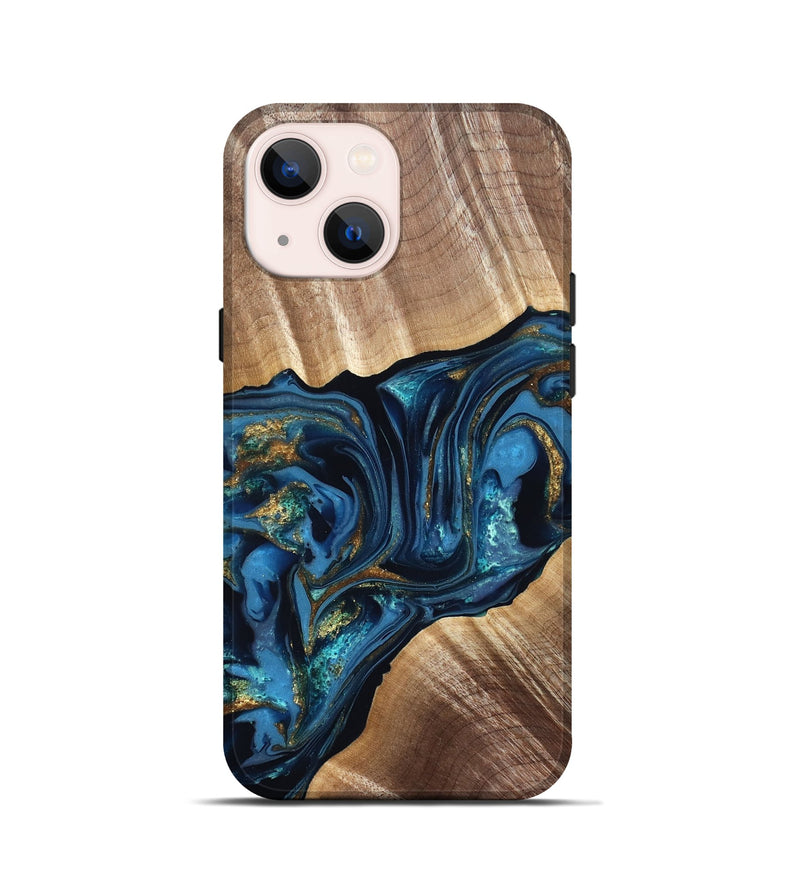 iPhone 13 mini Wood Live Edge Phone Case - Darryl (Teal & Gold, 822759)