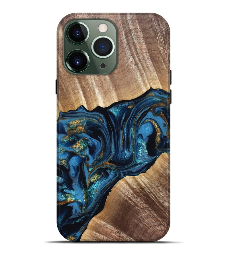 iPhone 13 Pro Max Wood Live Edge Phone Case - Darryl (Teal & Gold, 822759)