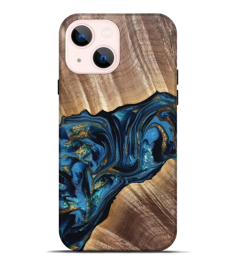 iPhone 14 Plus Wood Live Edge Phone Case - Darryl (Teal & Gold, 822759)