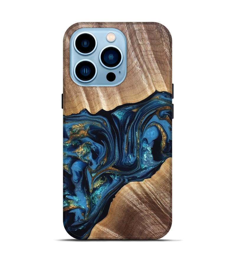 iPhone 14 Pro Wood Live Edge Phone Case - Darryl (Teal & Gold, 822759)