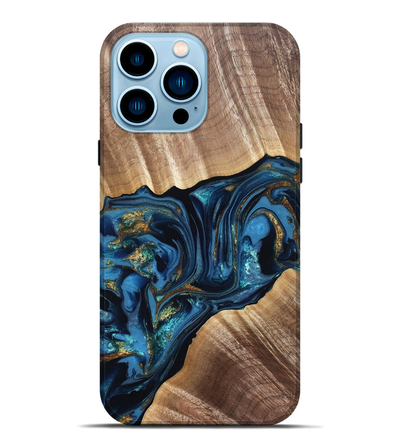 iPhone 14 Pro Max Wood Live Edge Phone Case - Darryl (Teal & Gold, 822759)