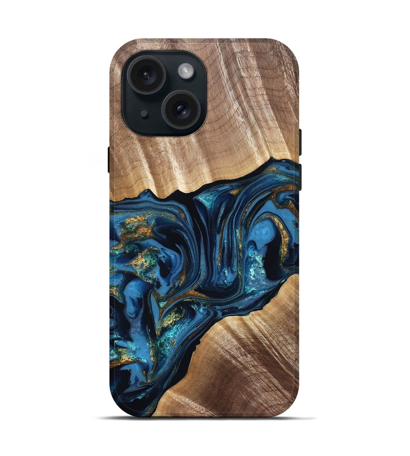 iPhone 15 Wood Live Edge Phone Case - Darryl (Teal & Gold, 822759)