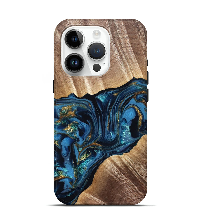 iPhone 15 Pro Wood Live Edge Phone Case - Darryl (Teal & Gold, 822759)