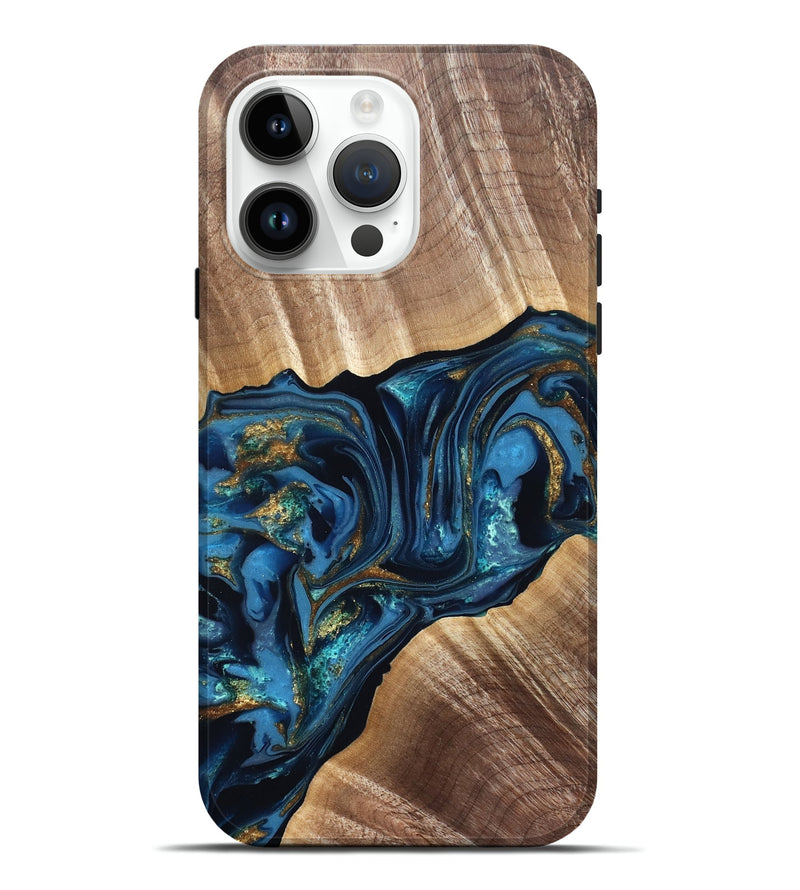 iPhone 15 Pro Max Wood Live Edge Phone Case - Darryl (Teal & Gold, 822759)