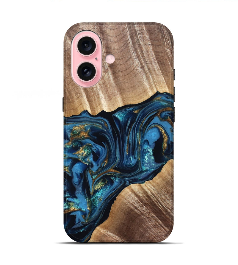 iPhone 16 Wood Live Edge Phone Case - Darryl (Teal & Gold, 822759)