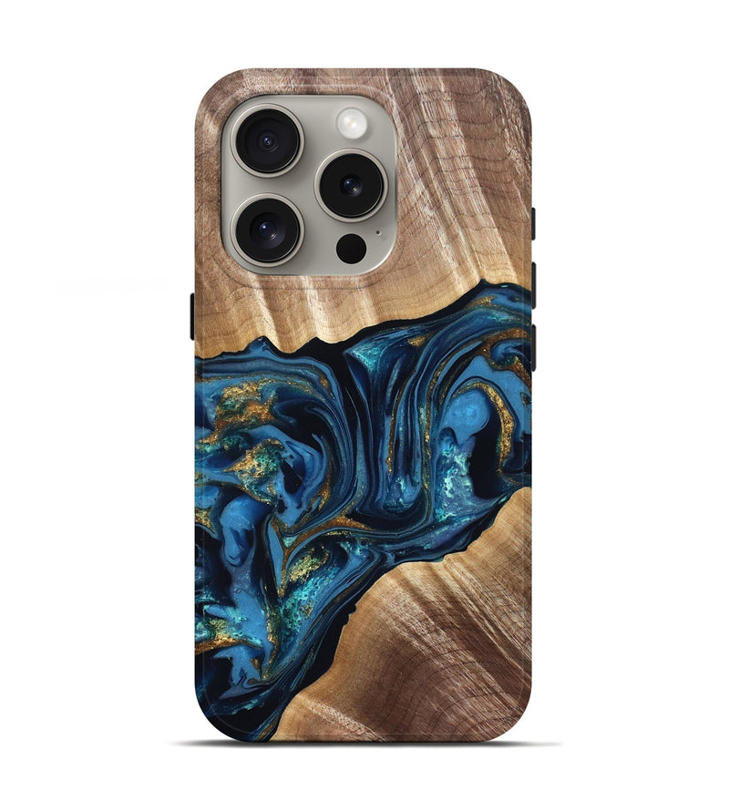 iPhone 16 Pro Wood Live Edge Phone Case - Darryl (Teal & Gold, 822759)