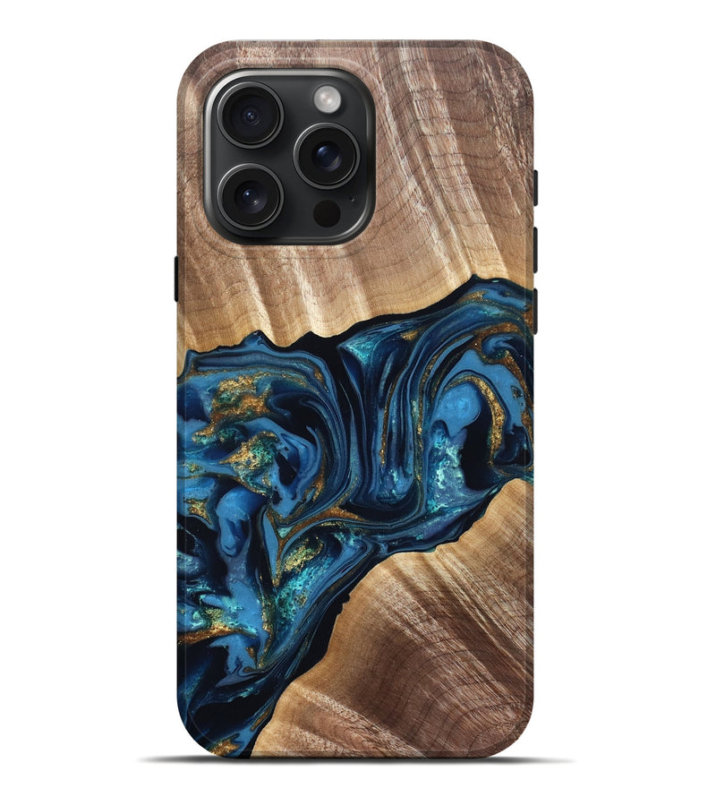 iPhone 16 Pro Max Wood Live Edge Phone Case - Darryl (Teal & Gold, 822759)