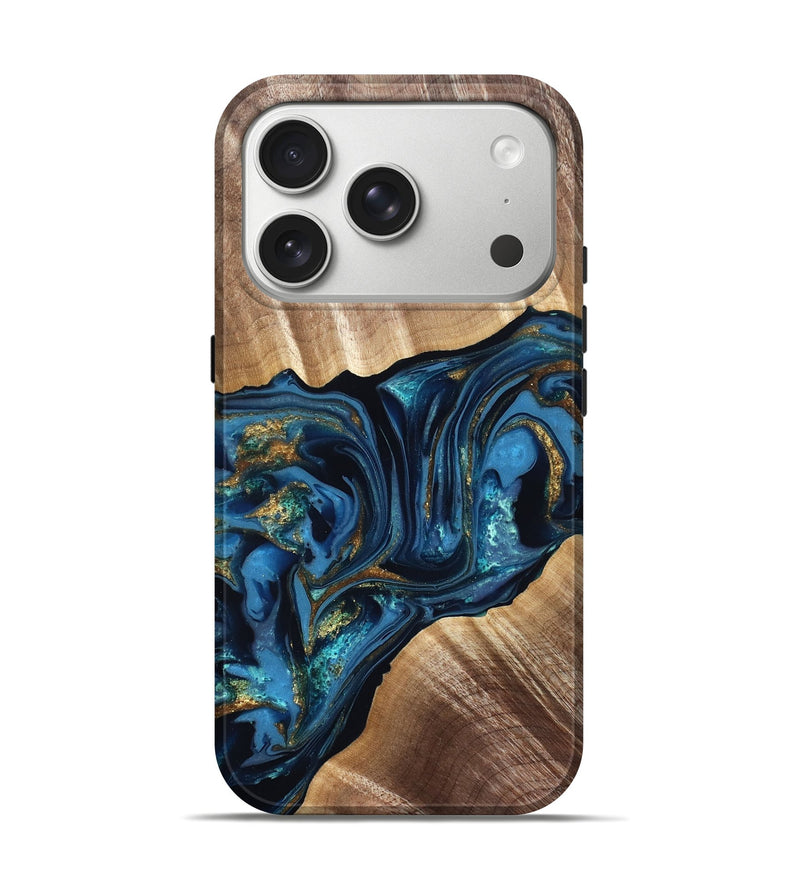 iPhone 17 Pro Wood Live Edge Phone Case - Darryl (Teal & Gold, 822759)
