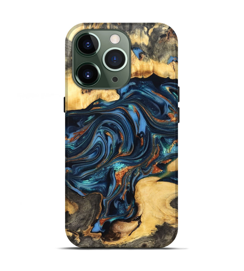 iPhone 13 Pro Wood Live Edge Phone Case - Willow (Teal & Gold, 822762)
