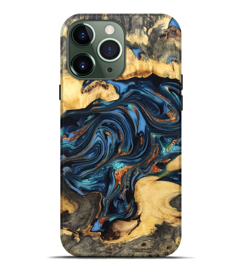 iPhone 13 Pro Max Wood Live Edge Phone Case - Willow (Teal & Gold, 822762)