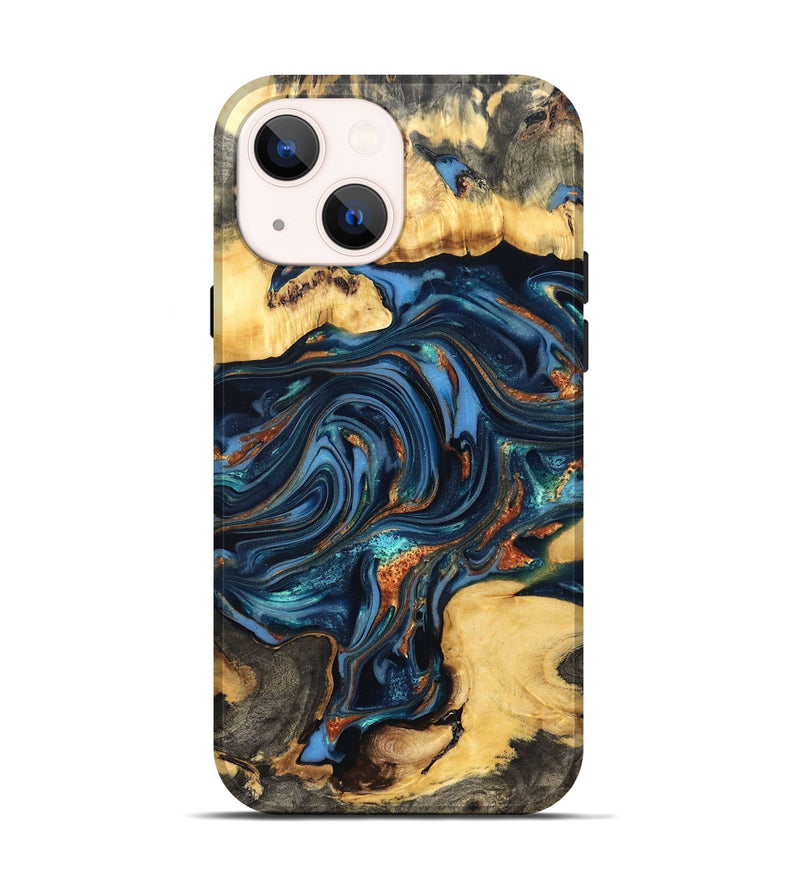 iPhone 14 Wood Live Edge Phone Case - Willow (Teal & Gold, 822762)