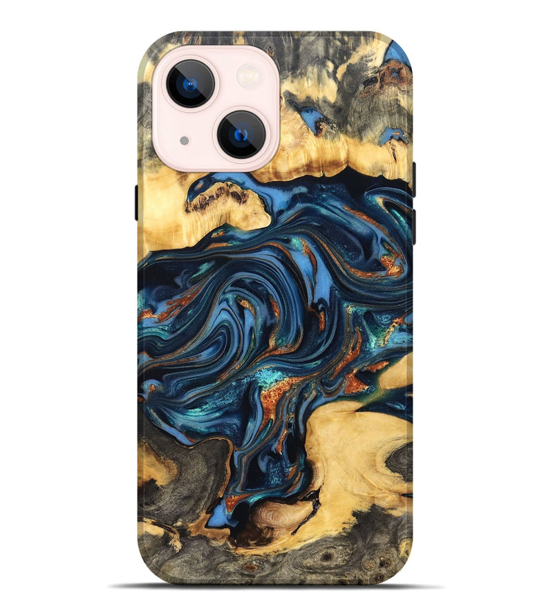 iPhone 14 Plus Wood Live Edge Phone Case - Willow (Teal & Gold, 822762)