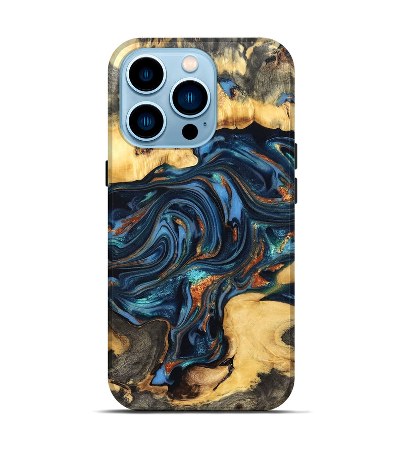 iPhone 14 Pro Wood Live Edge Phone Case - Willow (Teal & Gold, 822762)