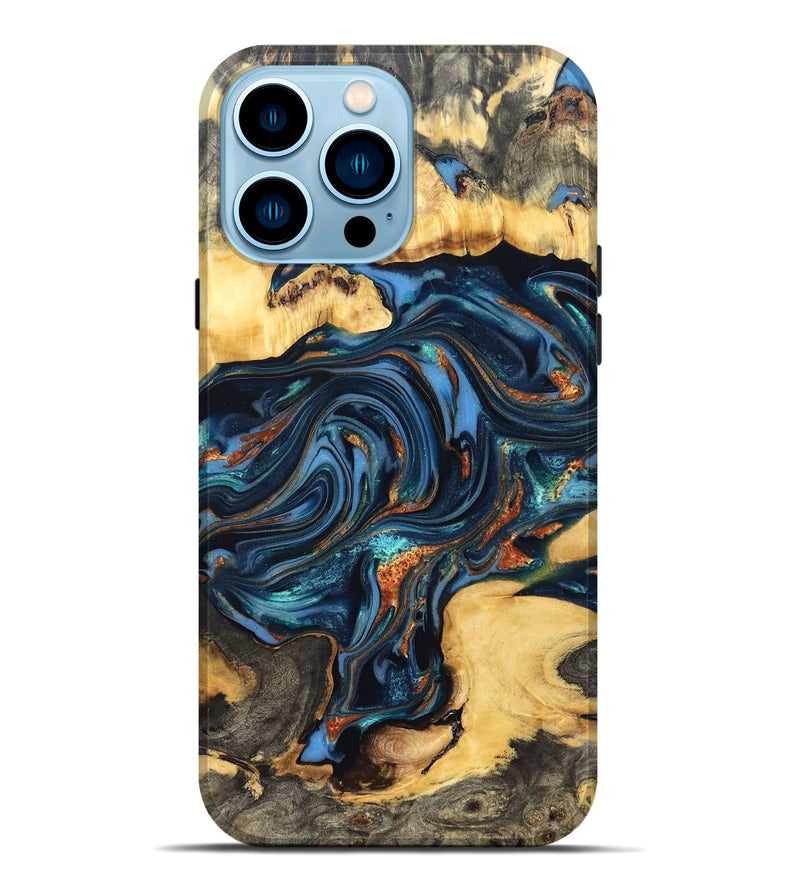 iPhone 14 Pro Max Wood Live Edge Phone Case - Willow (Teal & Gold, 822762)