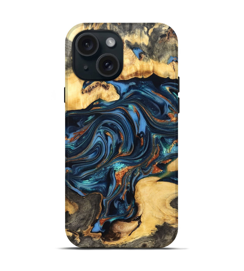 iPhone 15 Wood Live Edge Phone Case - Willow (Teal & Gold, 822762)