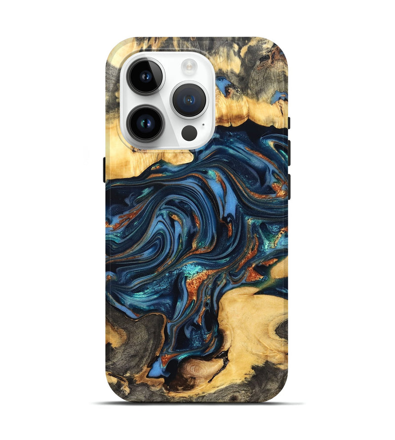 iPhone 15 Pro Wood Live Edge Phone Case - Willow (Teal & Gold, 822762)