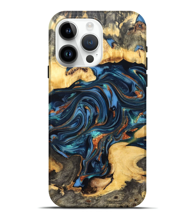 iPhone 15 Pro Max Wood Live Edge Phone Case - Willow (Teal & Gold, 822762)