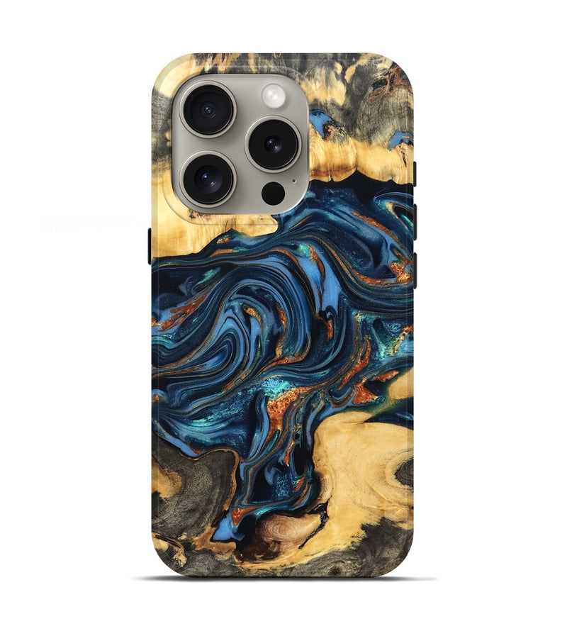 iPhone 16 Pro Wood Live Edge Phone Case - Willow (Teal & Gold, 822762)