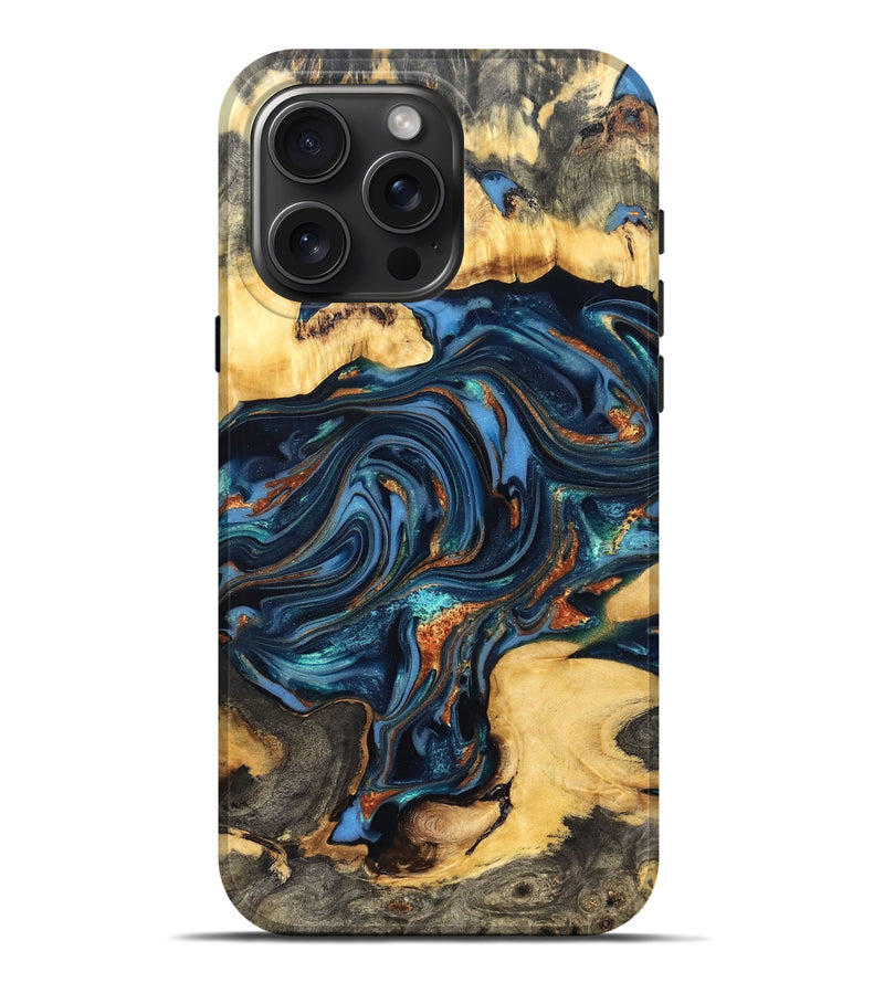 iPhone 16 Pro Max Wood Live Edge Phone Case - Willow (Teal & Gold, 822762)