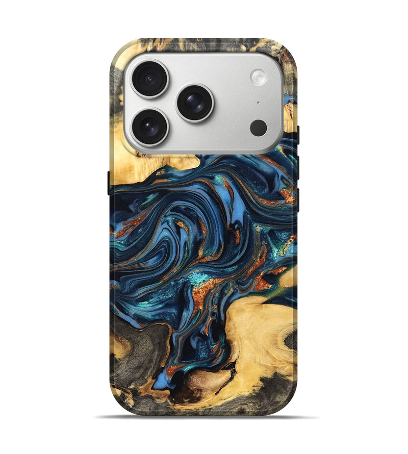 iPhone 17 Pro Wood Live Edge Phone Case - Willow (Teal & Gold, 822762)