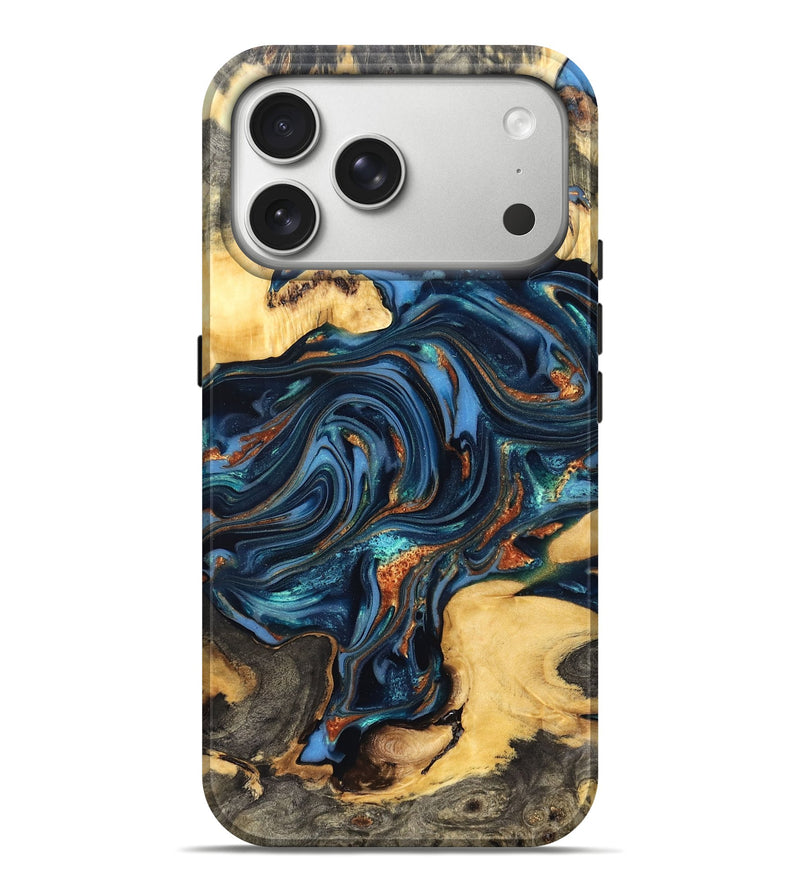 iPhone 17 Pro Max Wood Live Edge Phone Case - Willow (Teal & Gold, 822762)