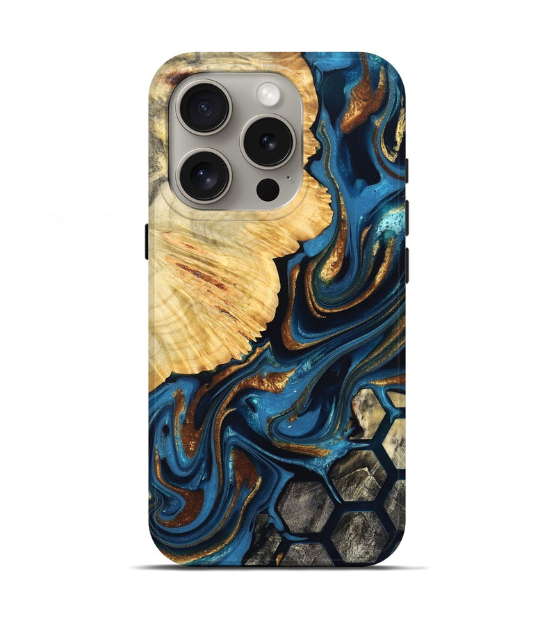 iPhone 16 Pro Wood Live Edge Phone Case - Lynsey (Teal & Gold, 822770)