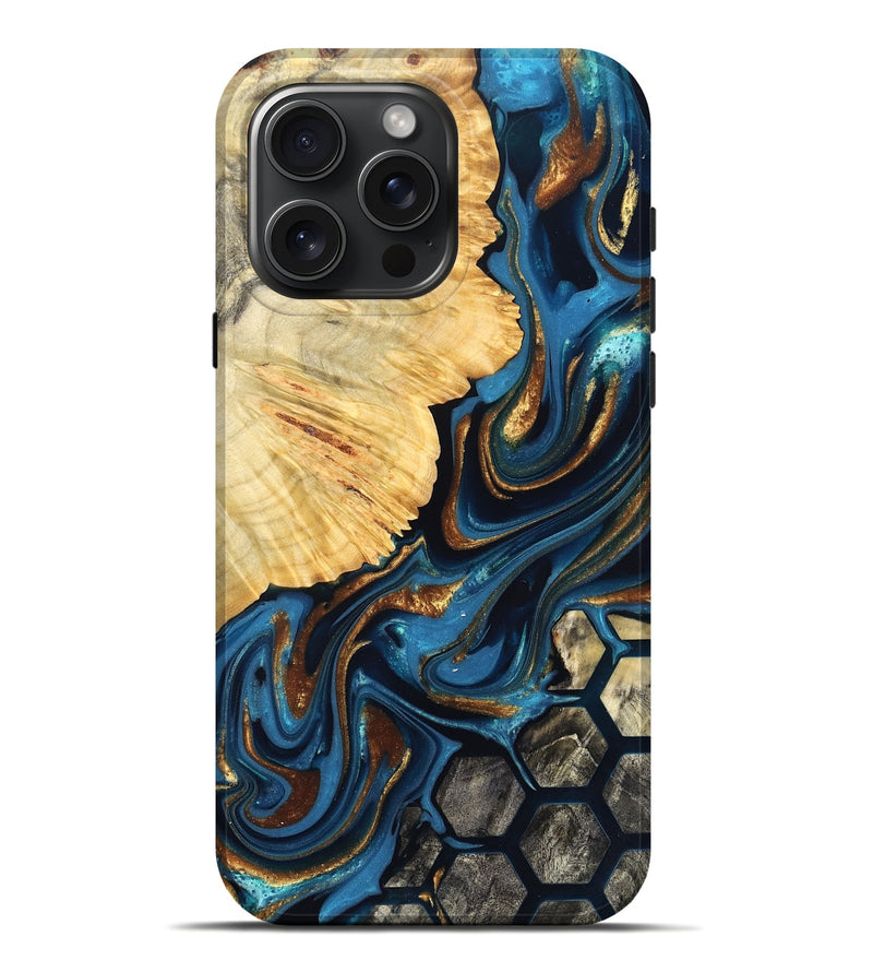 iPhone 16 Pro Max Wood Live Edge Phone Case - Lynsey (Teal & Gold, 822770)