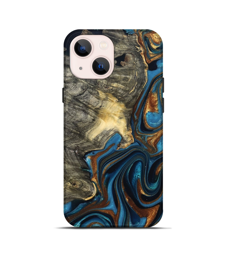 iPhone 13 mini Wood Live Edge Phone Case - Joanne (Teal & Gold, 822773)