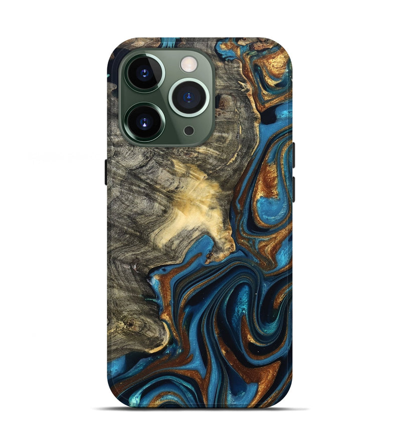 iPhone 13 Pro Wood Live Edge Phone Case - Joanne (Teal & Gold, 822773)