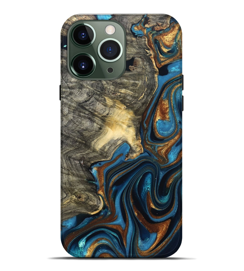 iPhone 13 Pro Max Wood Live Edge Phone Case - Joanne (Teal & Gold, 822773)