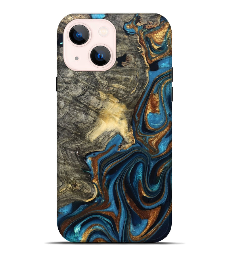 iPhone 14 Plus Wood Live Edge Phone Case - Joanne (Teal & Gold, 822773)