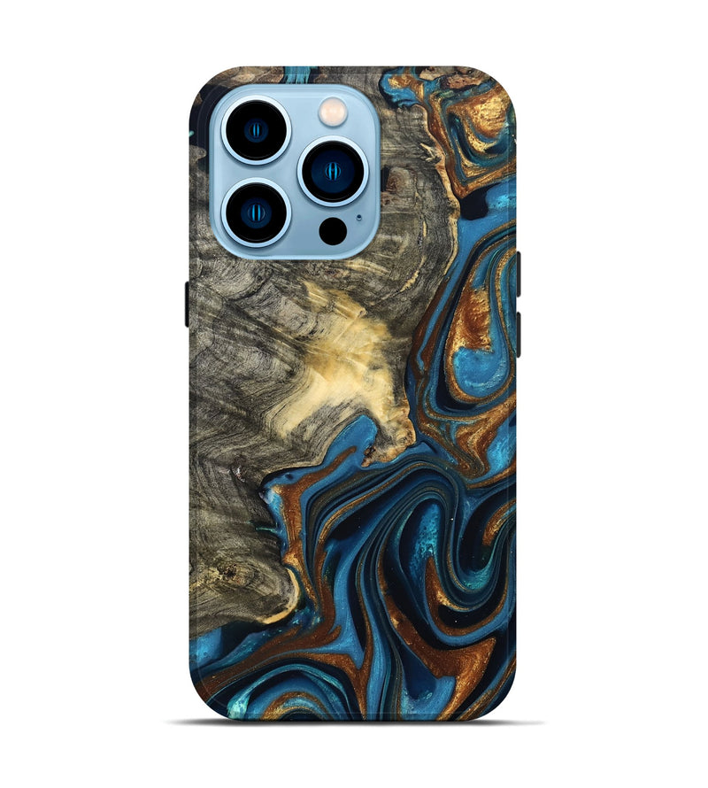 iPhone 14 Pro Wood Live Edge Phone Case - Joanne (Teal & Gold, 822773)