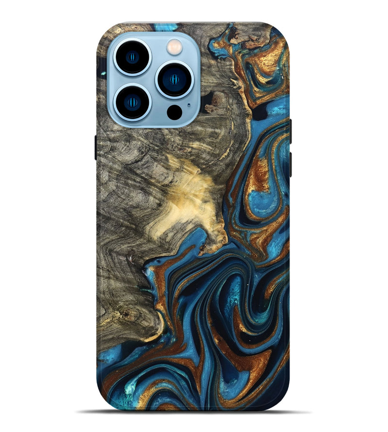 iPhone 14 Pro Max Wood Live Edge Phone Case - Joanne (Teal & Gold, 822773)