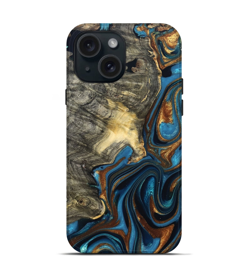 iPhone 15 Wood Live Edge Phone Case - Joanne (Teal & Gold, 822773)