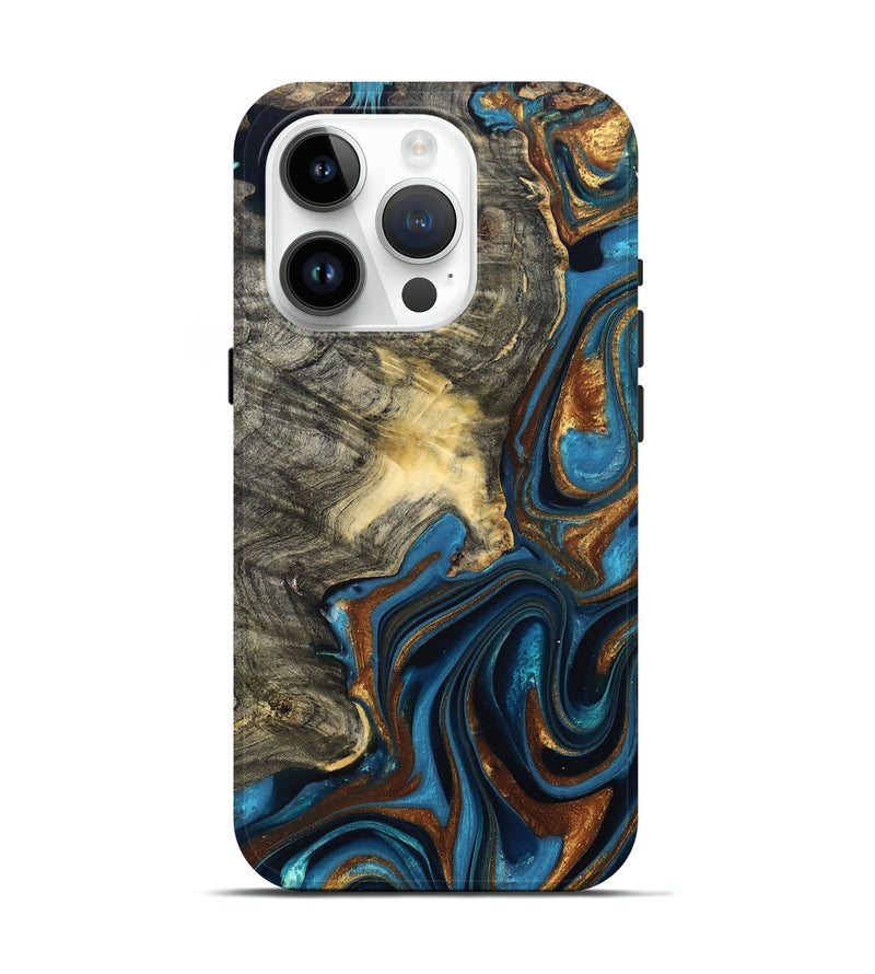 iPhone 15 Pro Wood Live Edge Phone Case - Joanne (Teal & Gold, 822773)