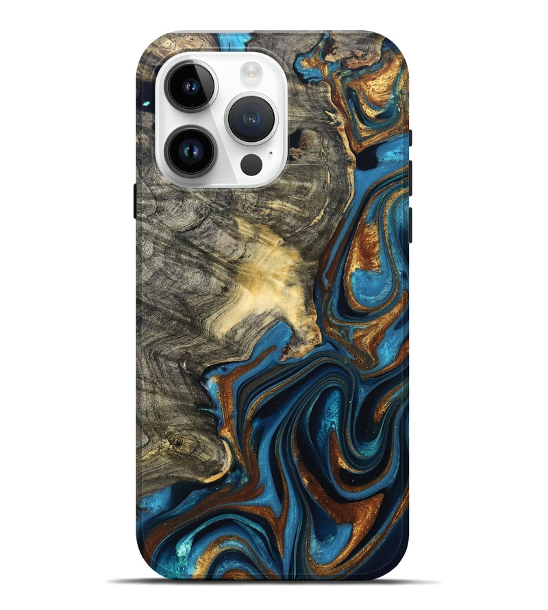 iPhone 15 Pro Max Wood Live Edge Phone Case - Joanne (Teal & Gold, 822773)