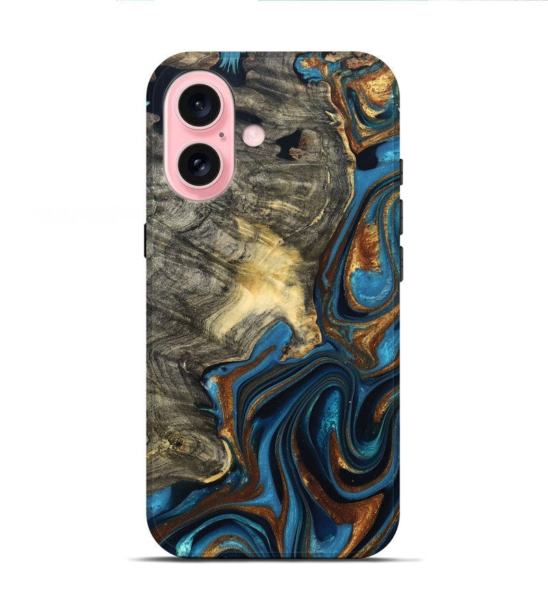 iPhone 16 Wood Live Edge Phone Case - Joanne (Teal & Gold, 822773)