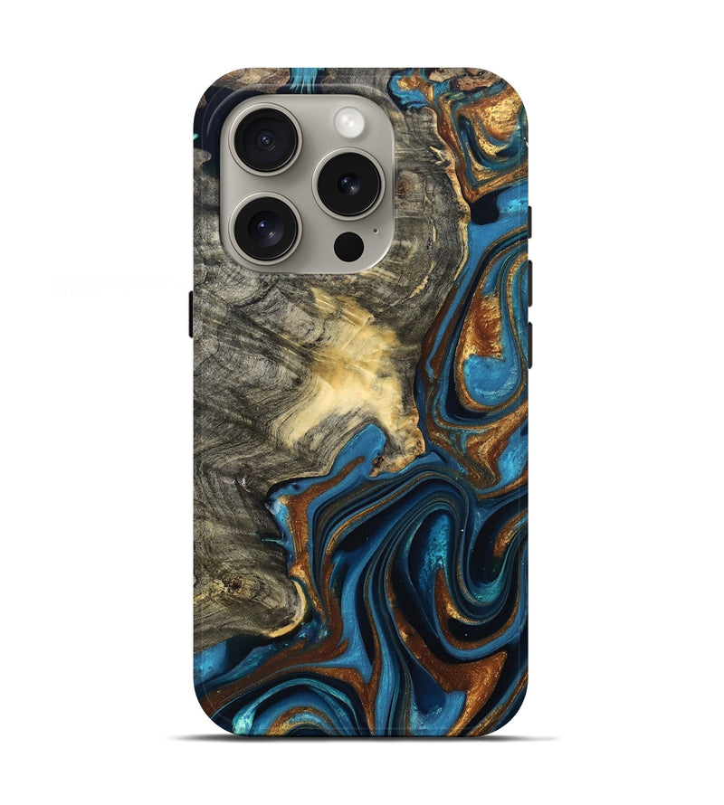 iPhone 16 Pro Wood Live Edge Phone Case - Joanne (Teal & Gold, 822773)