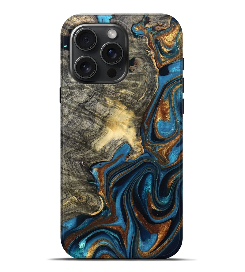 iPhone 16 Pro Max Wood Live Edge Phone Case - Joanne (Teal & Gold, 822773)