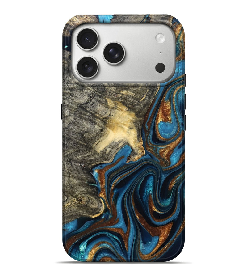 iPhone 17 Pro Max Wood Live Edge Phone Case - Joanne (Teal & Gold, 822773)