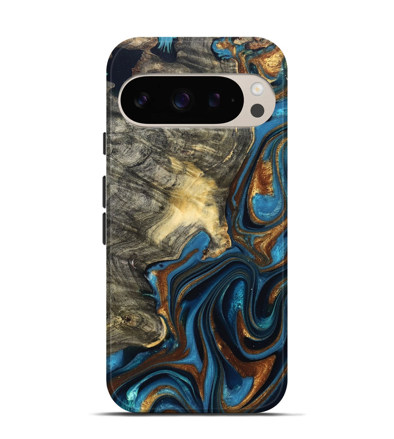 Pixel 9 Pro Wood Live Edge Phone Case - Joanne (Teal & Gold, 822773)