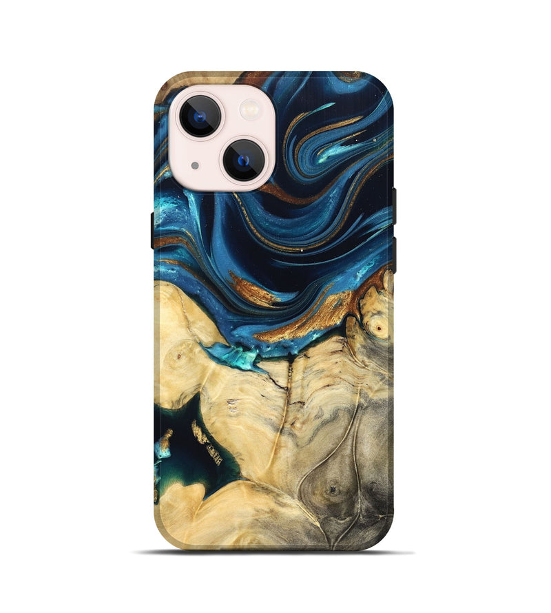 iPhone 13 mini Wood Live Edge Phone Case - Autumn (Teal & Gold, 822774)