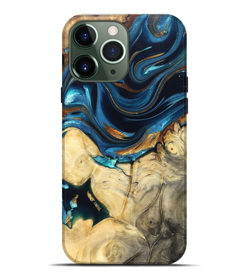 iPhone 13 Pro Max Wood Live Edge Phone Case - Autumn (Teal & Gold, 822774)