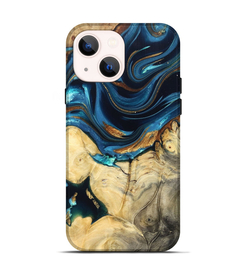 iPhone 14 Wood Live Edge Phone Case - Autumn (Teal & Gold, 822774)