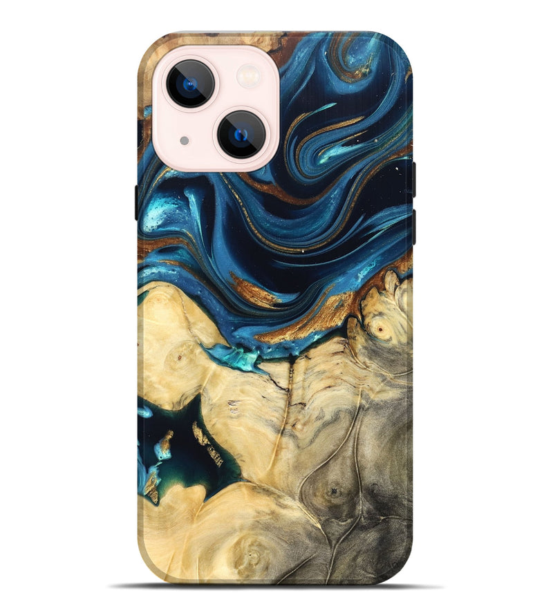 iPhone 14 Plus Wood Live Edge Phone Case - Autumn (Teal & Gold, 822774)